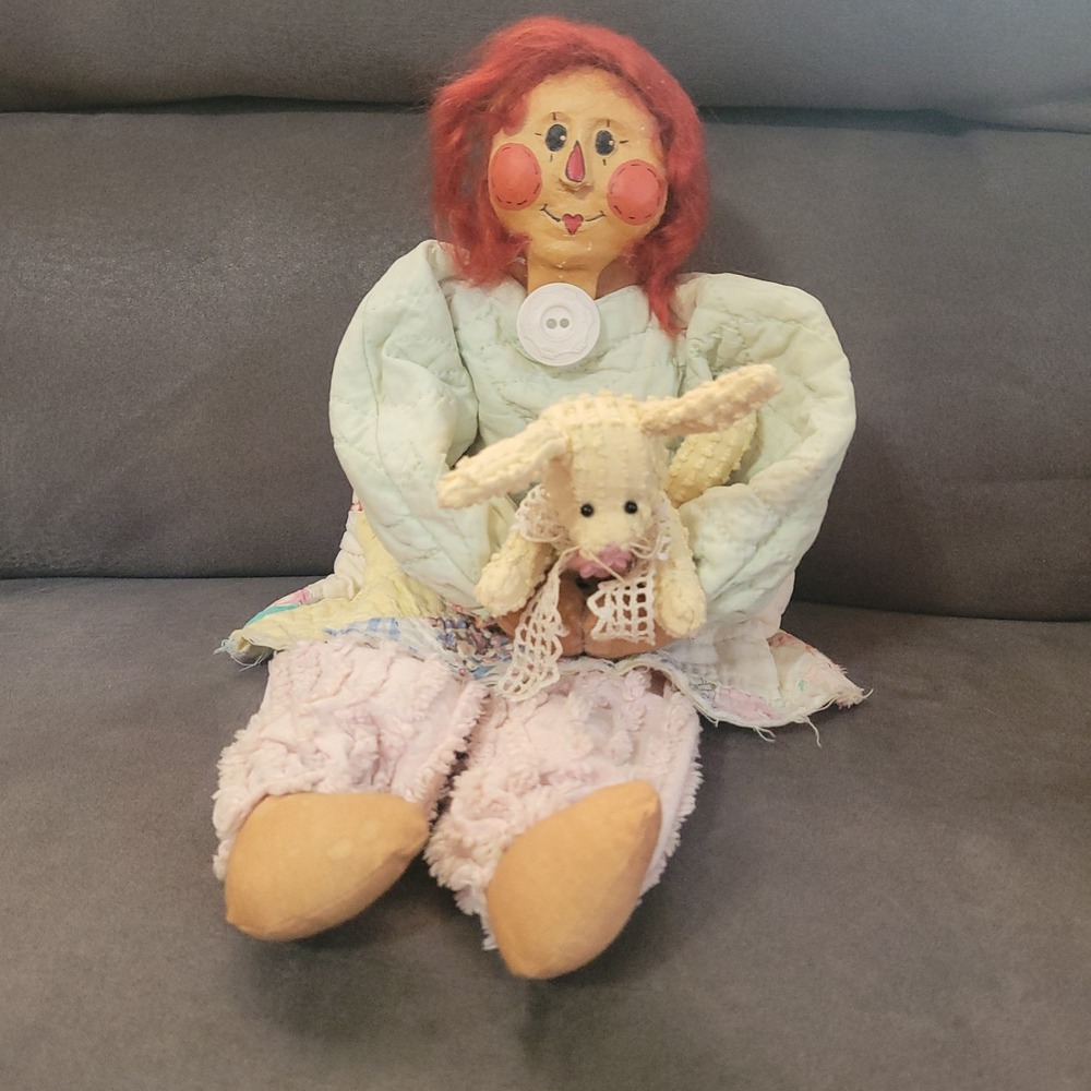 Antique Raggedy Ann Cloth Quilted red hair doll
